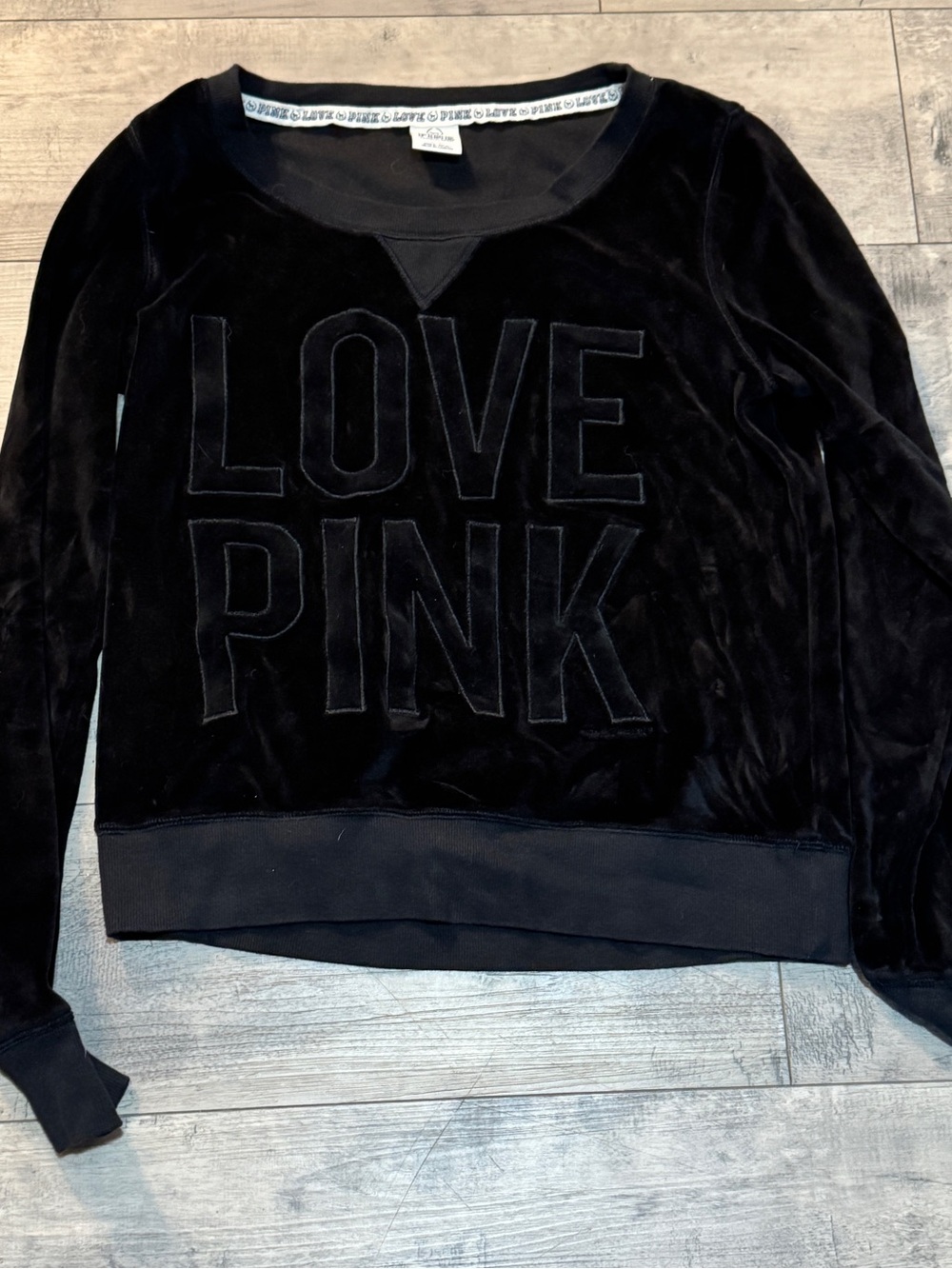 LOVE PINK Black Velour Crewneck Sweatshirt, Size Large